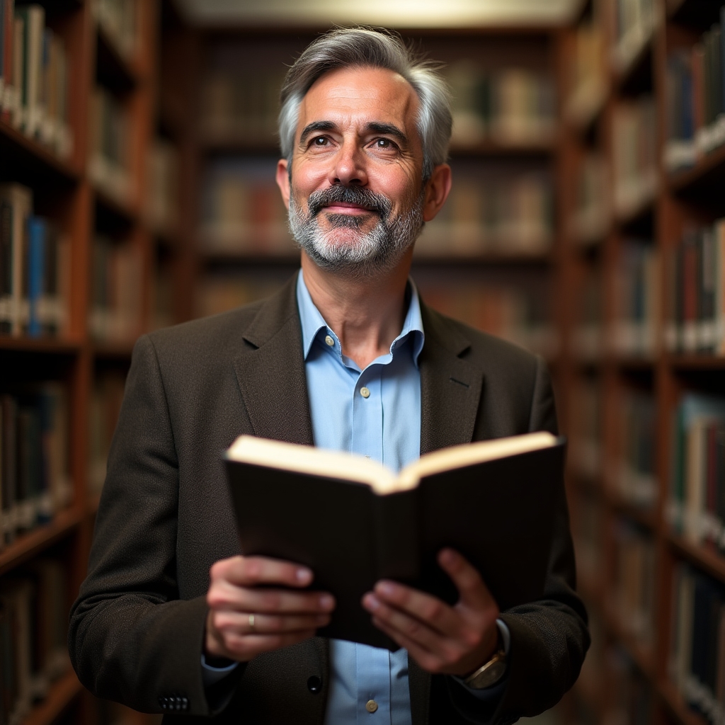 Esperto di normative dei consumatori, uomo maturo con libro aperto